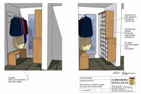 Schreinerei Freymark Freiburg Flur Stauraum Regal Schrank Garderobe Wildeiche wei&szlig;