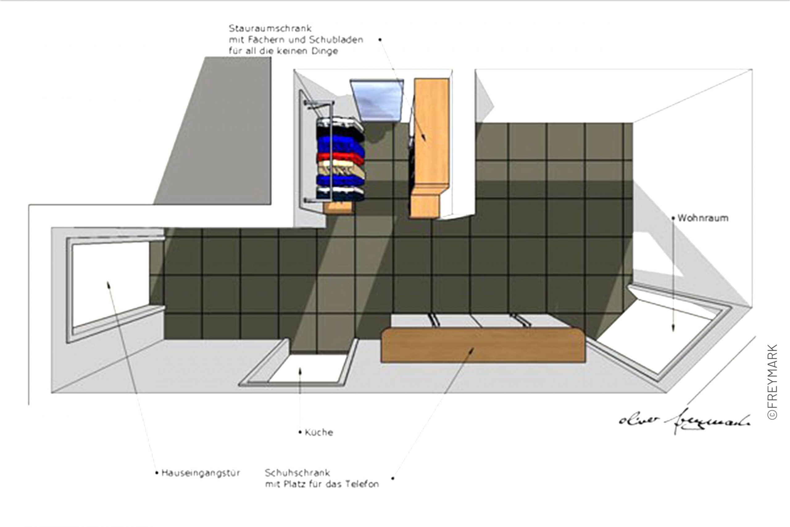 Schreinerei Freymark Freiburg Flur Stauraum Regal Schrank Garderobe Schuhschrank Flur Raumplanung