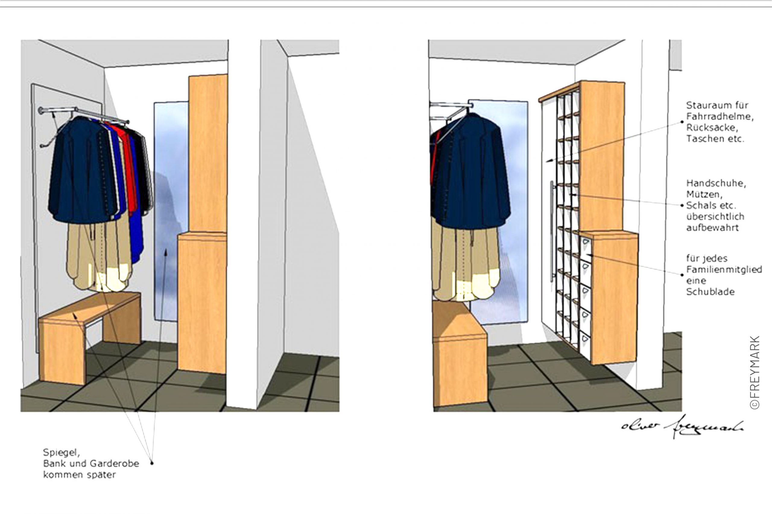 Schreinerei Freymark Freiburg Flur Stauraum Regal Schrank Garderobe Wildeiche wei