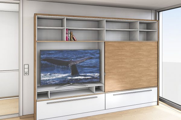 Präsentationszeichnung für ein neues Wohnraum-Möbel, hier mit geöffneter Schiebetür vor dem Fernseher
