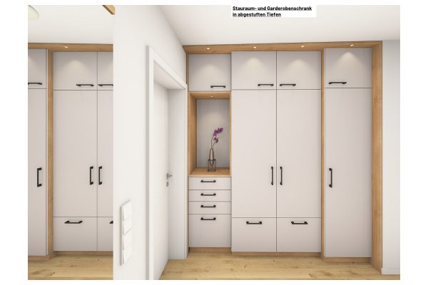 Zeichnung vom Stauraum- und Garderobenschrank der Familiengarderobe in Freiburg