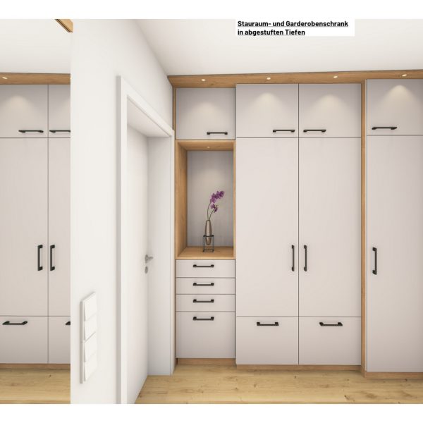 Garderobe_Eiche_Grau_Zeichnung_01_Schreinerei-Freymark-Freiburg_1021 Zeichnung vom Stauraum- und Garderobenschrank der Familiengarderobe in Freiburg