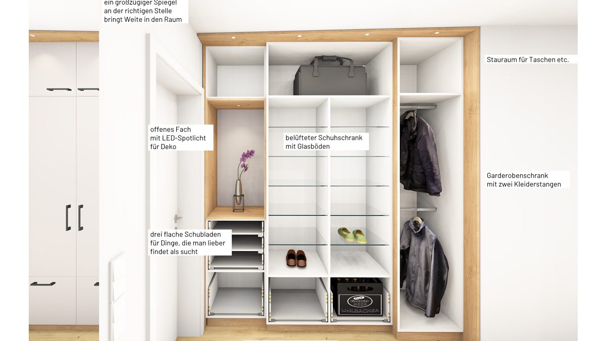 Innenansicht vom Stauraum- und Garderobenschrank der Familiengarderobe in Freiburg