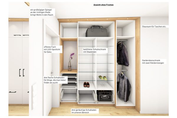 Innenansicht vom Stauraum- und Garderobenschrank der Familiengarderobe in Freiburg