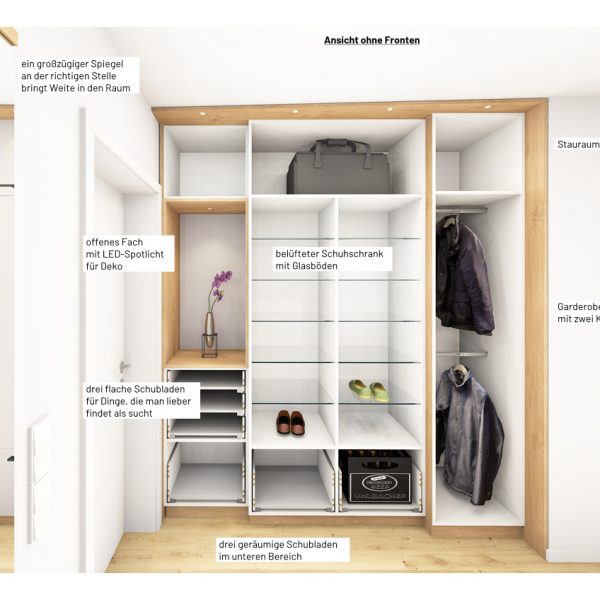 Garderobe_Eiche_Grau_Zeichnung_02_Schreinerei-Freymark-Freiburg_1021 Innenansicht vom Stauraum- und Garderobenschrank der Familiengarderobe in Freiburg