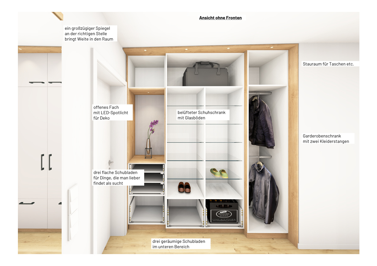 Innenansicht vom Stauraum- und Garderobenschrank der Familiengarderobe in Freiburg