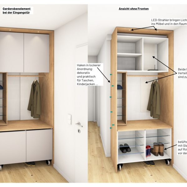 Garderobe_Eiche_Grau_Zeichnung_03_Schreinerei-Freymark-Freiburg_1021 Zeichnung vom Garderobenelement mit Schuhschrank der Familiengarderobe in Freiburg