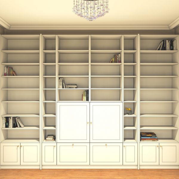 Zeichung eines B&uuml;cherregal im klassischen Stil mit geschlossenen F&auml;chern unten und T&uuml;ren vor dem Fernsehger&auml;t. Geplant von der Schreinerei Freymark in Freiburg