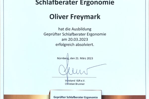 Zertifikat Geprüfter Schlafberater Ergonomie Oliver Freymark
