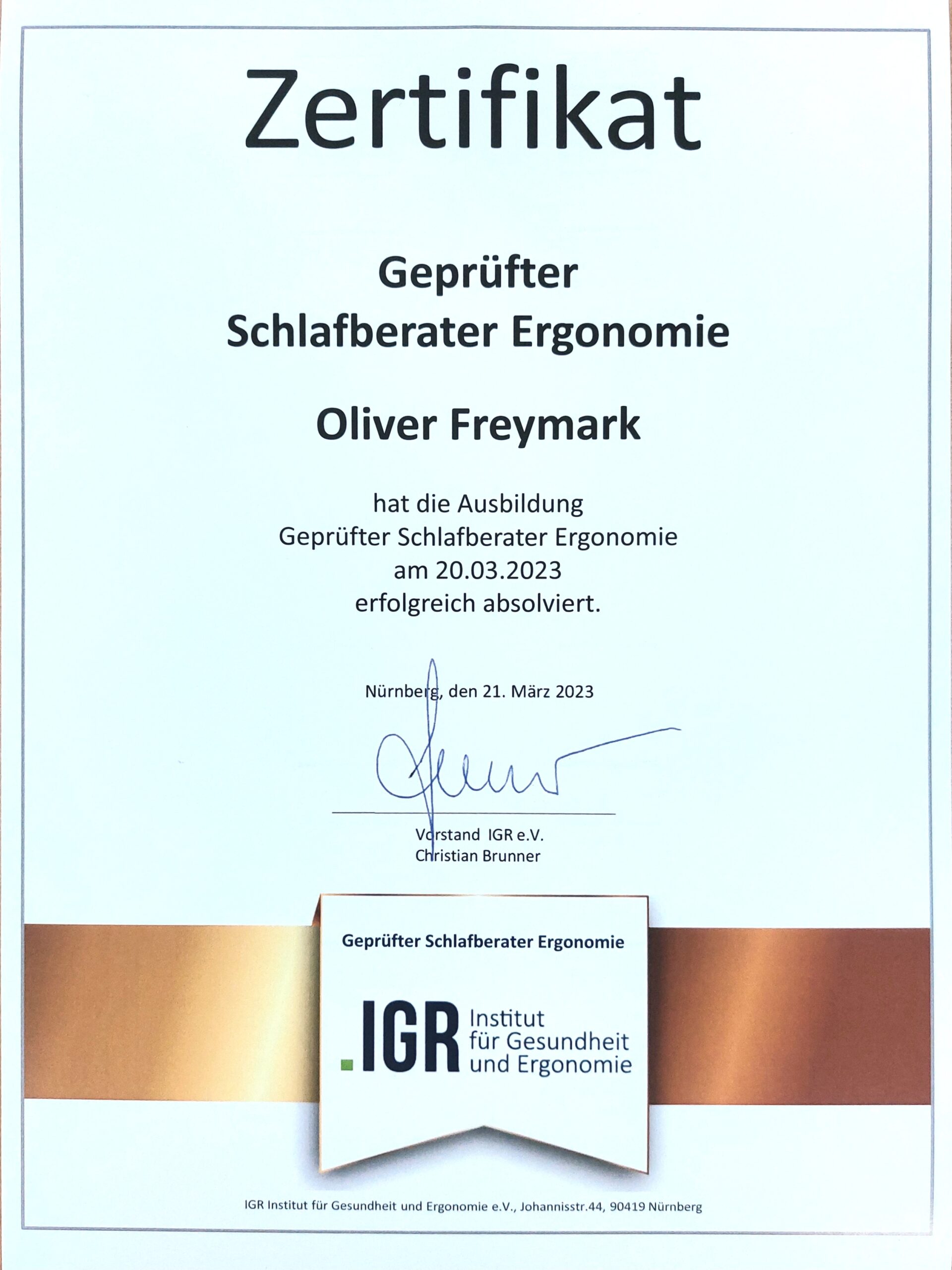 001_Geprüfter Schlafberater Ergonomie Zertifikat Geprüfter Schlafberater Ergonomie Oliver Freymark