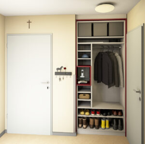 Entwurfszeichnung einer individuell auf Ma&szlig; gefertigen Garderobe - Ansicht offen