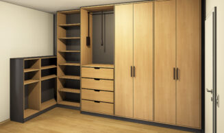 Schreinerei-Freymark-Freiburg-Kleiderschrank_Entwurf Entwurfszeichnung für einen maßgefertigten Kleiderschrank in Eiche mit schwarzen Akzenten
